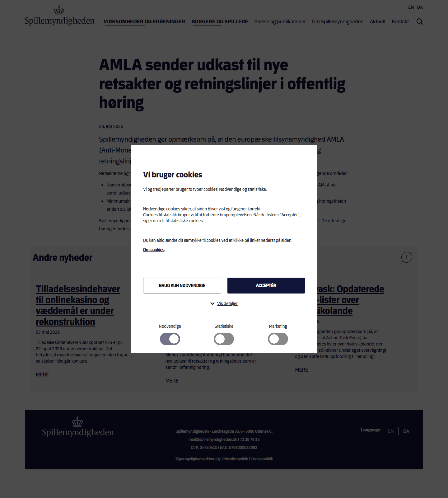 Screenshot af Spillemyndighedens nyhed om AMLA-høringen i 2026