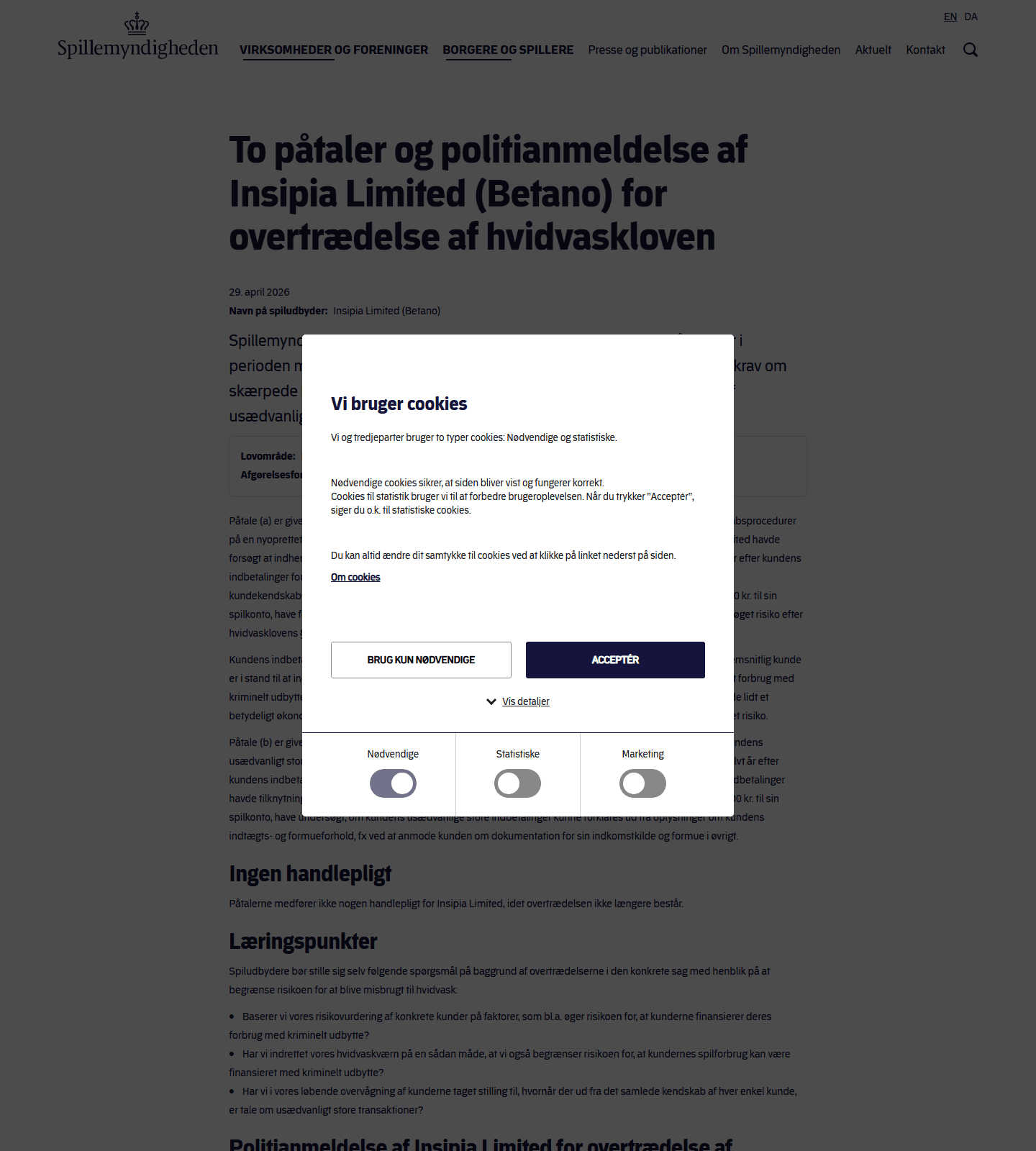 Screenshot af Spillemyndighedens afgørelse om Insipia Limited og Betano