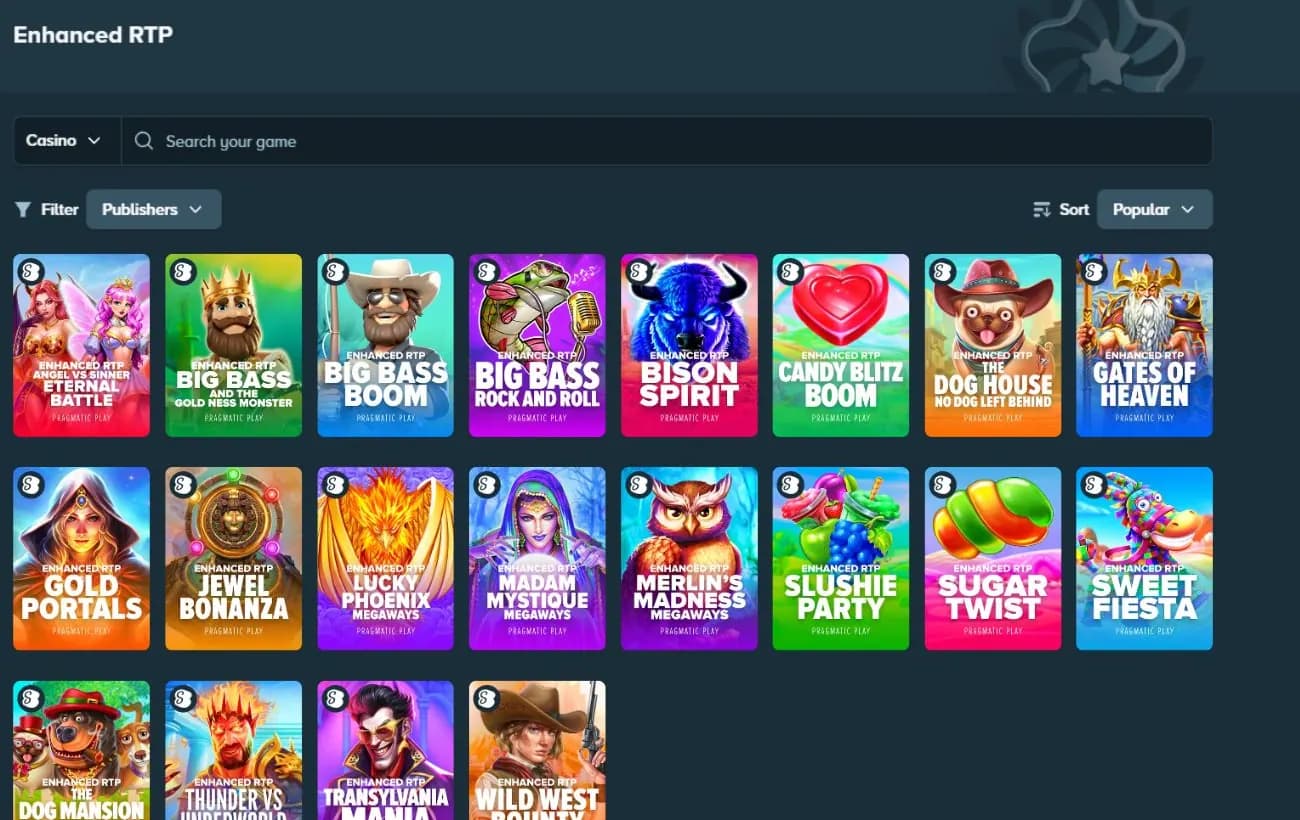 Skærmbillede af Stake.dk Enhanced RTP-kategori med slots