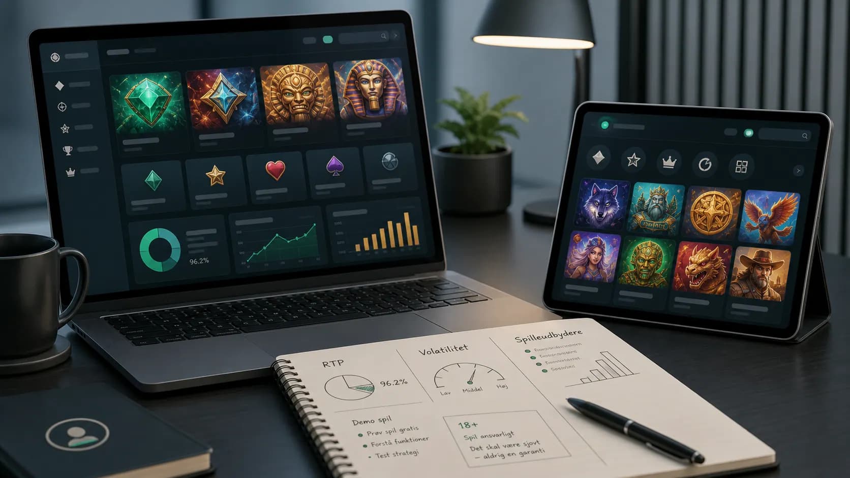 Redaktionel illustration af online slots, RTP og spiludbydere paa en tablet